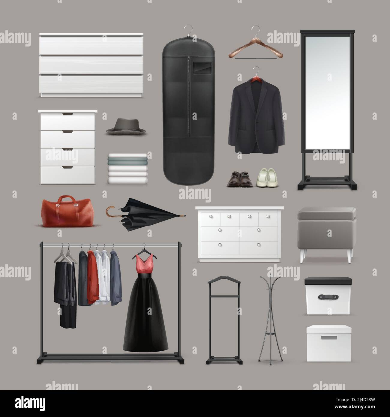 Vector set of wardrobe stuff hangers, boxes, mirror, pouf, racks and stands, different clothes, bag, shoes and umbrella front view isolated on backgro Stock Vector