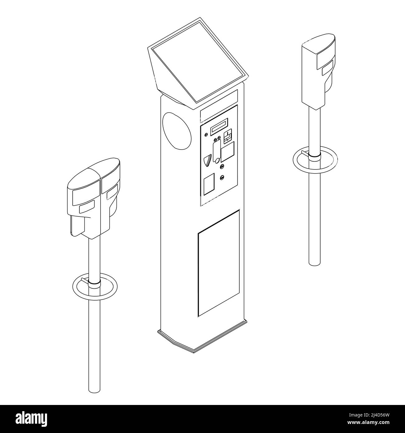 The contour of the parking meter for cars from black lines isolated on a white background. Isometric view. Vector illustration. Stock Vector