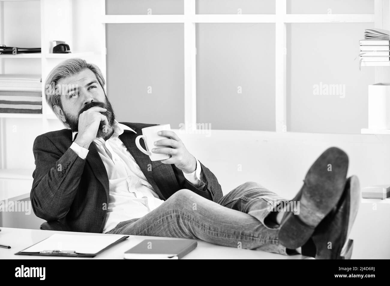 employee during working day in office. working from home while virus