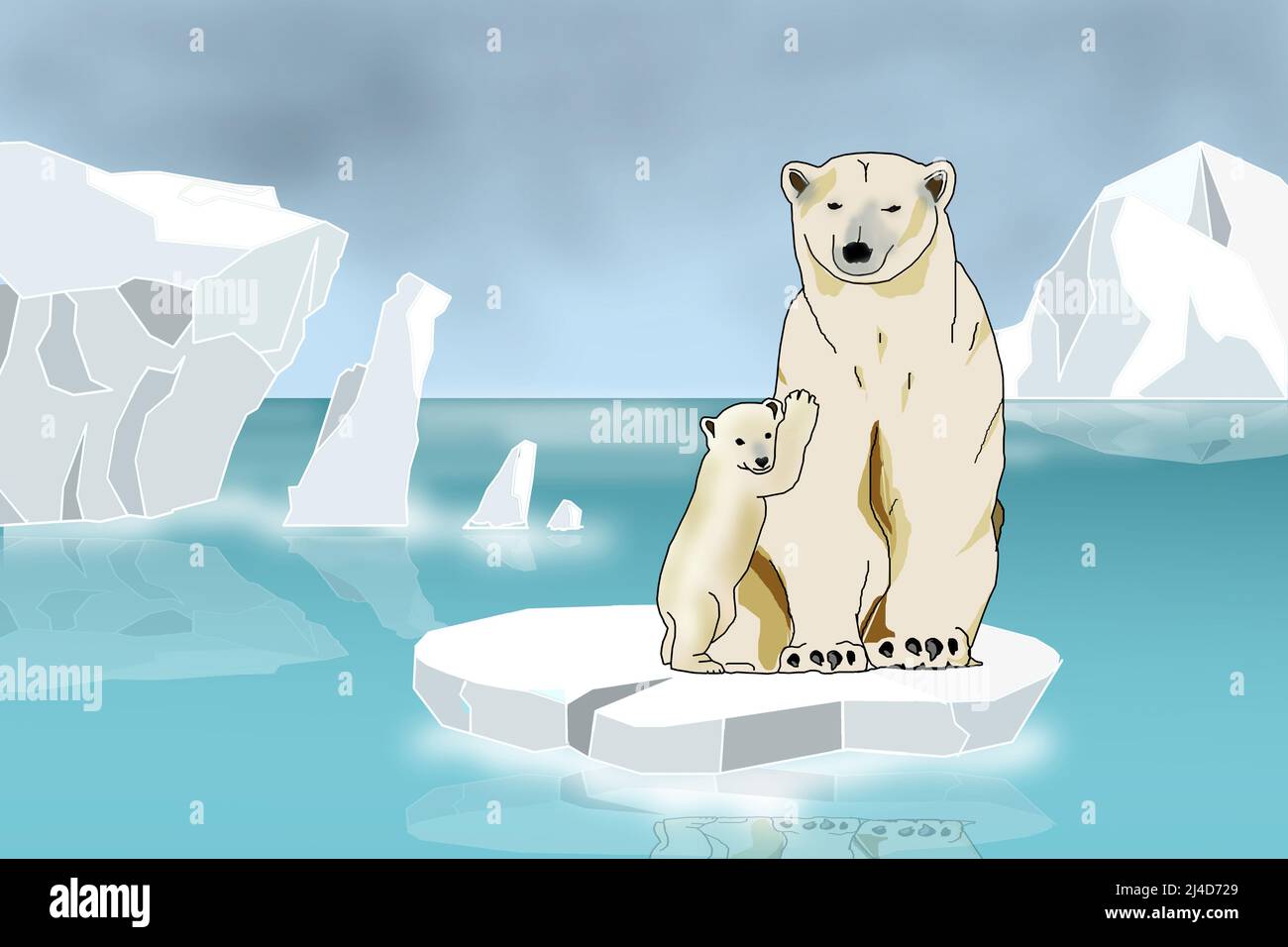 polar bear and cub on iceberg for global warming and climate change illustration Stock Photo