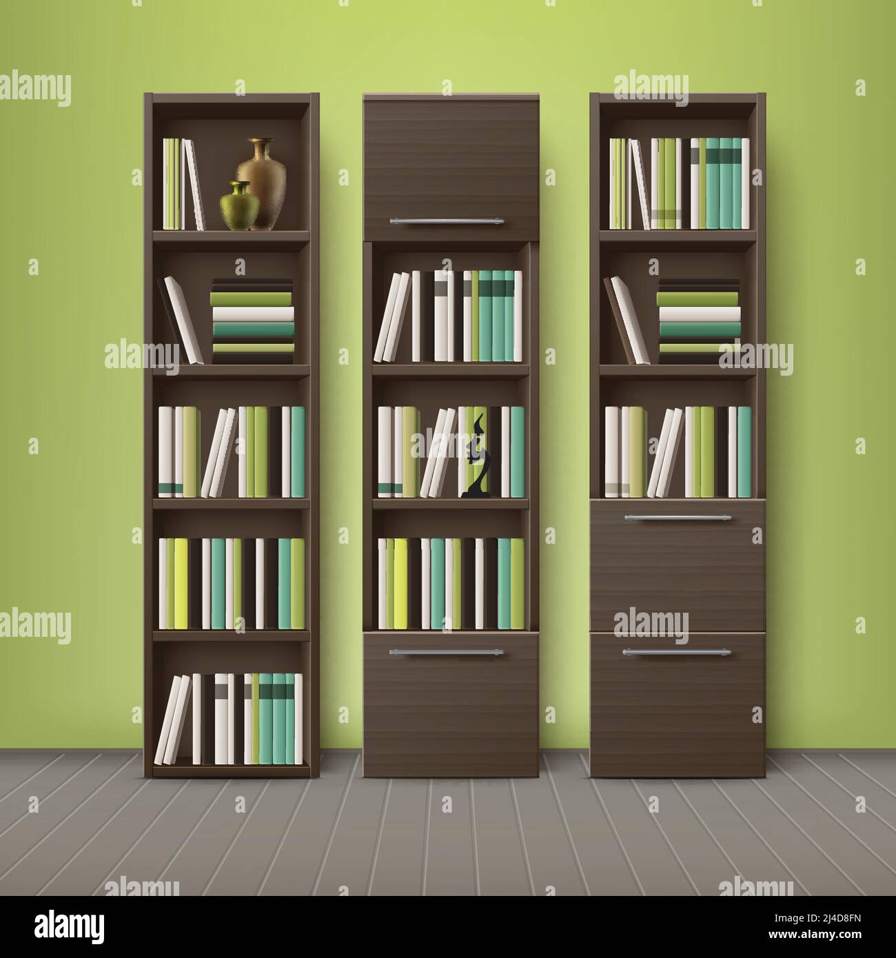 Vector brown wooden bookcases, full of different books and decorations, standing on floor with green, olive wall background Stock Vector