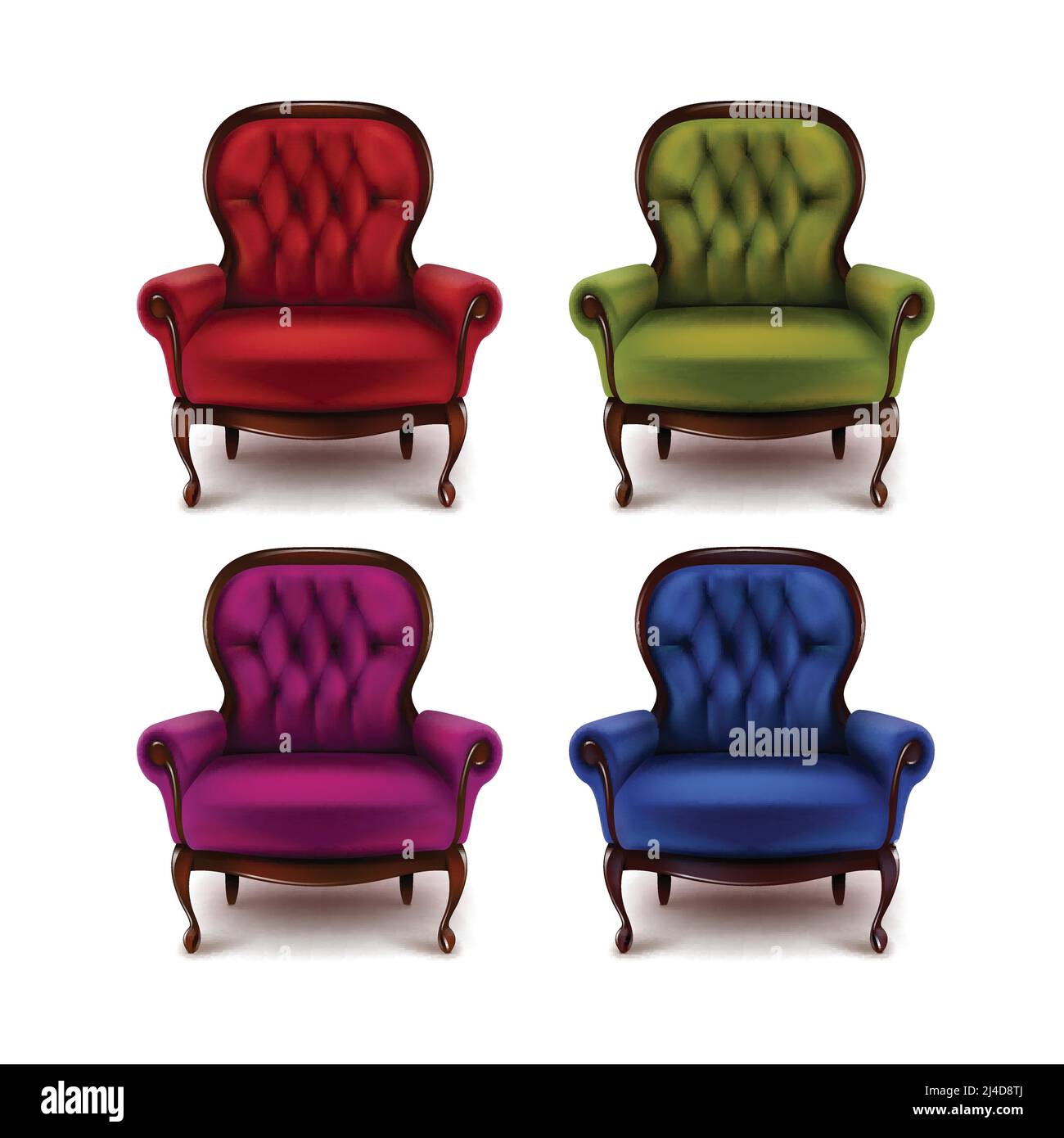 Vector set of vintage red, green, violet, purple, blue armchairs isolated on white background Stock Vector