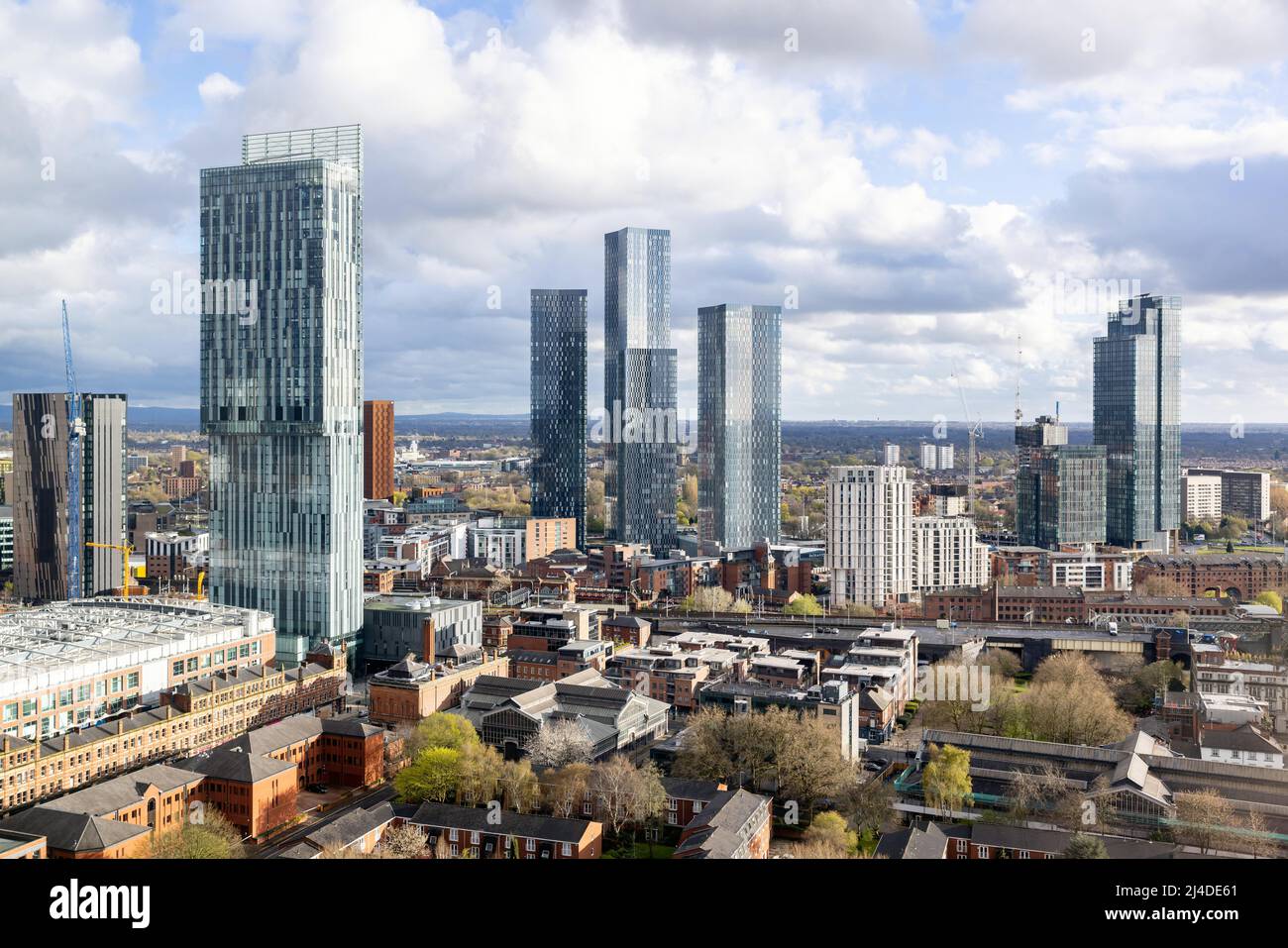 Manchester views. Beetham tower, Deansgate (left) and Deansgate Square (centre). Stock Photo