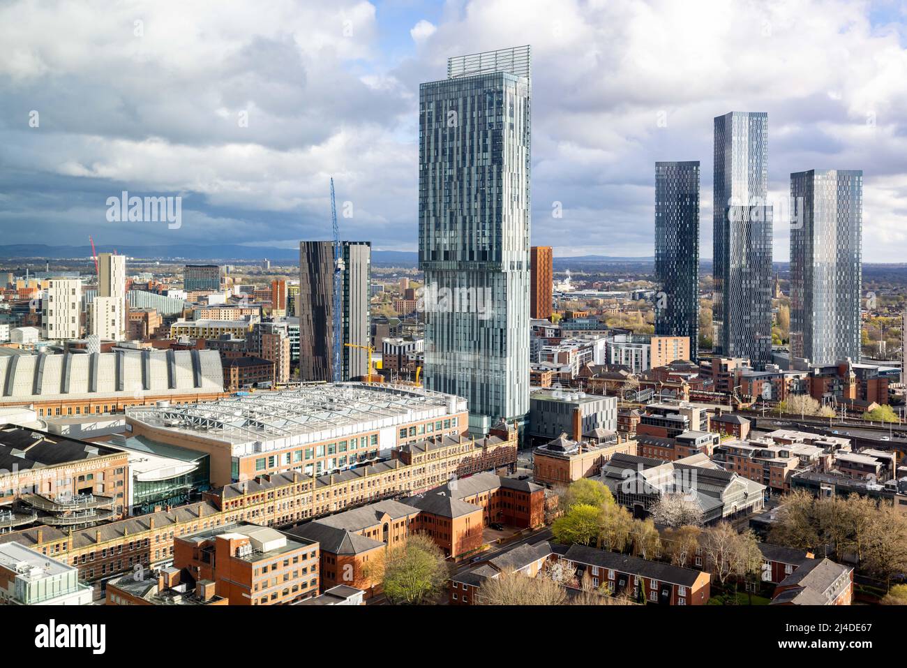Manchester views. Beetham tower, Deansgate (centre) and Deansgate Square (right). Stock Photo