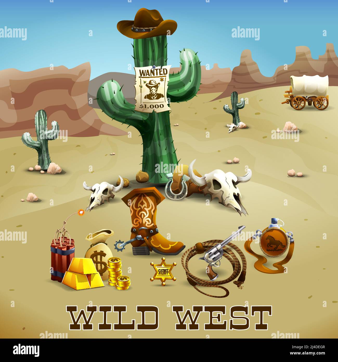 Wild west realistic background with cactus gold lasso and desert vector illustration Stock Vector