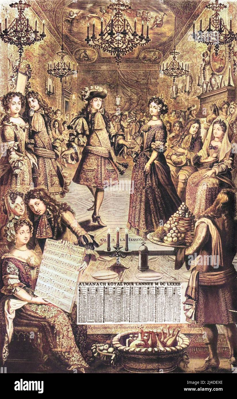 L'almanach royal de 1682 grave par Pierre Landry representant un Bal a la Francaise ou Rejouissances de l'heureux retour de leurs Majestes (Louis XIV) apres l'expedition en Alsace ou il conquit Strasbourg. Louis XIV danse avec la reine Marie Therese, a gauche le Dauphin (Louis de France (1661-1711) dit le 'Grand Dauphin') et la Dauphine (Marie Anne Christine de Baviere, 1660-1690), a droite un autre couple forme par Philippe Duc d'Orleans (1640-1701) dit Monsieur, Frere du roi, et sa seconde epouse, la Princesse Palatine Charlotte Elisabeth de Baviere (1652-1722), duchesse d'Orleans. Dans le c Stock Photo