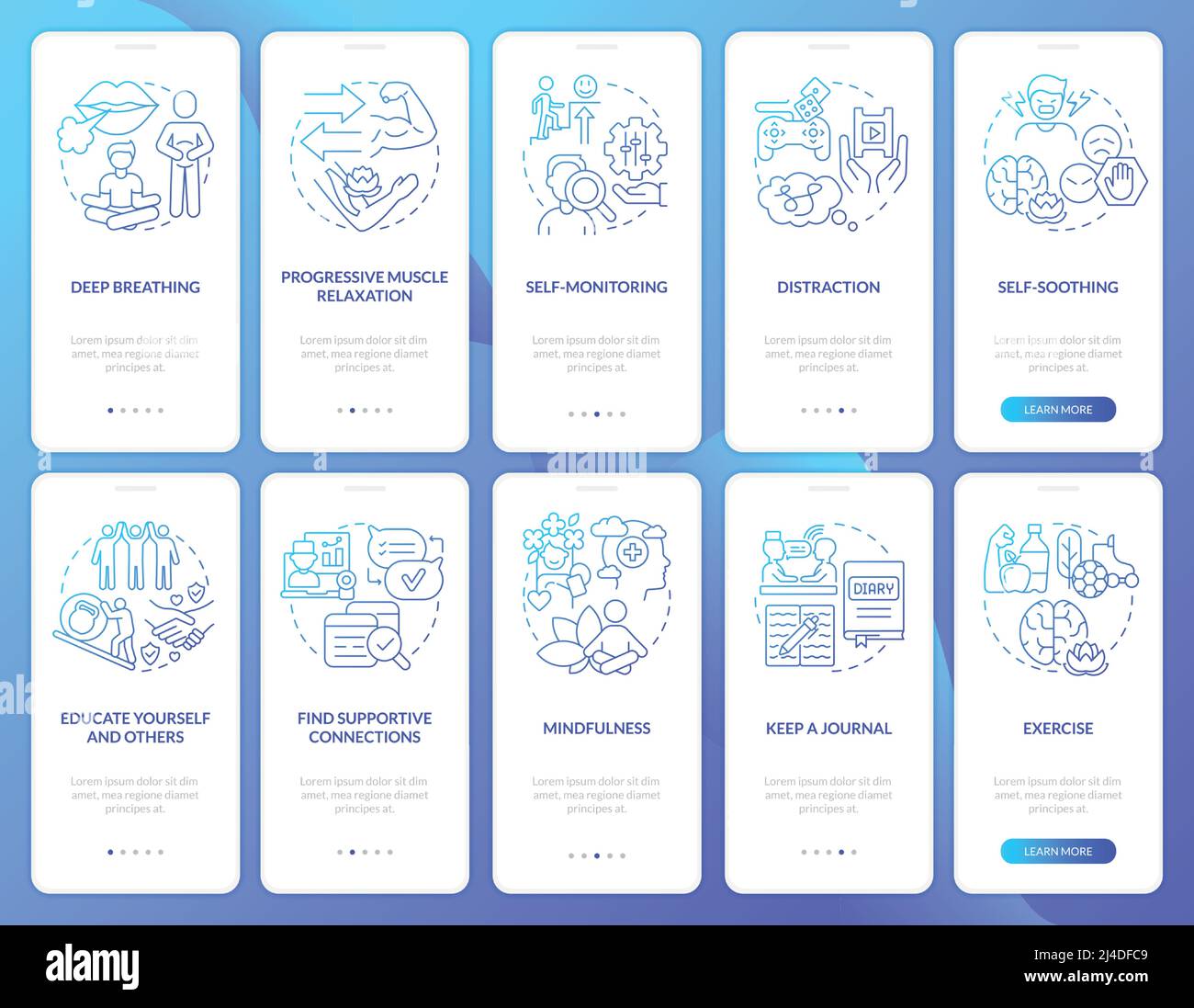 Coping with PTSD blue gradient onboarding mobile app screen set Stock Vector