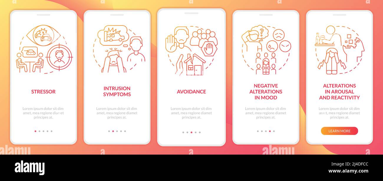 Criteria for PTSD red gradient onboarding mobile app screen Stock Vector