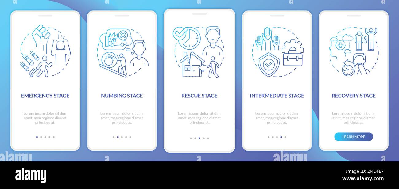 PTSD stages blue gradient onboarding mobile app screen Stock Vector