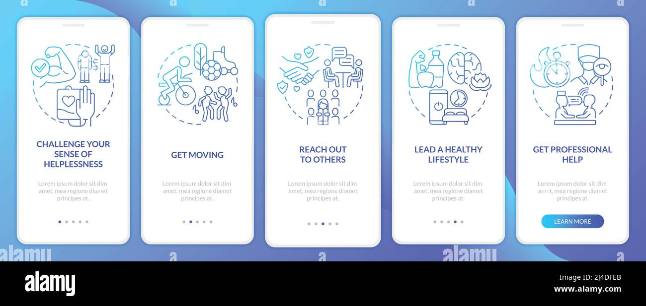 Self-help with PTSD blue gradient onboarding mobile app screen Stock Vector