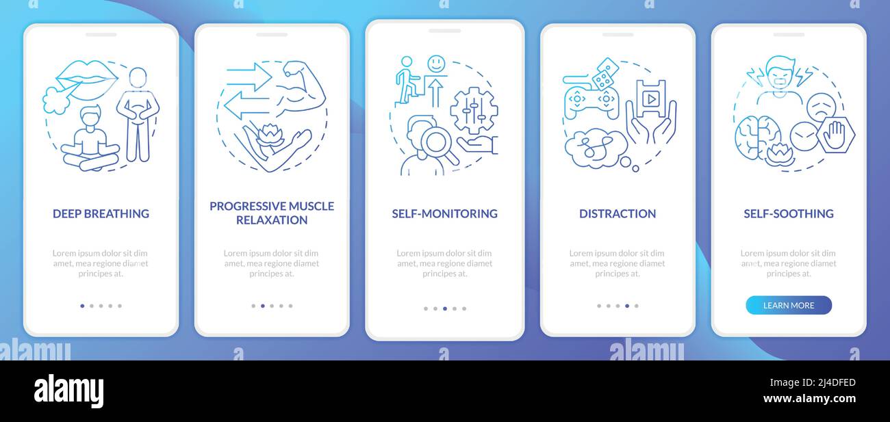 PTSD coping strategies blue gradient onboarding mobile app screen Stock Vector