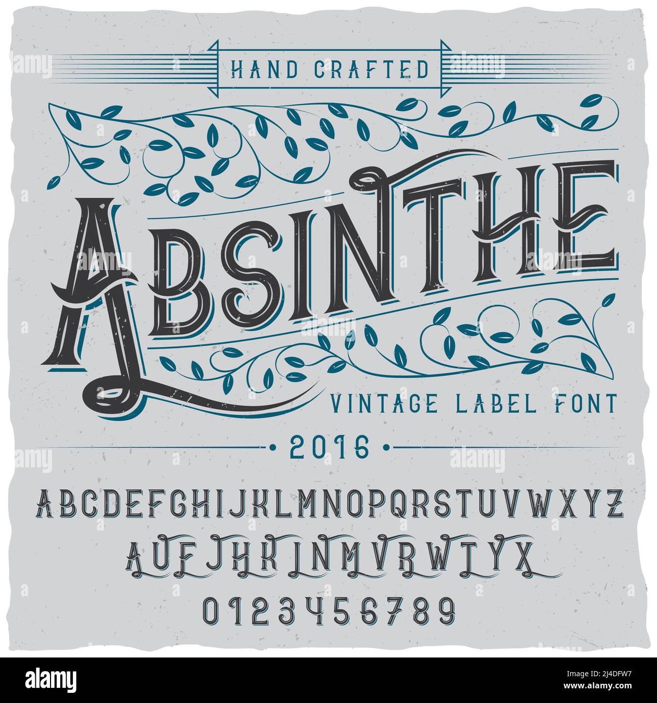 Alcohol hand crafted poster with word absinthe and alphabet vector illustration Stock Vector