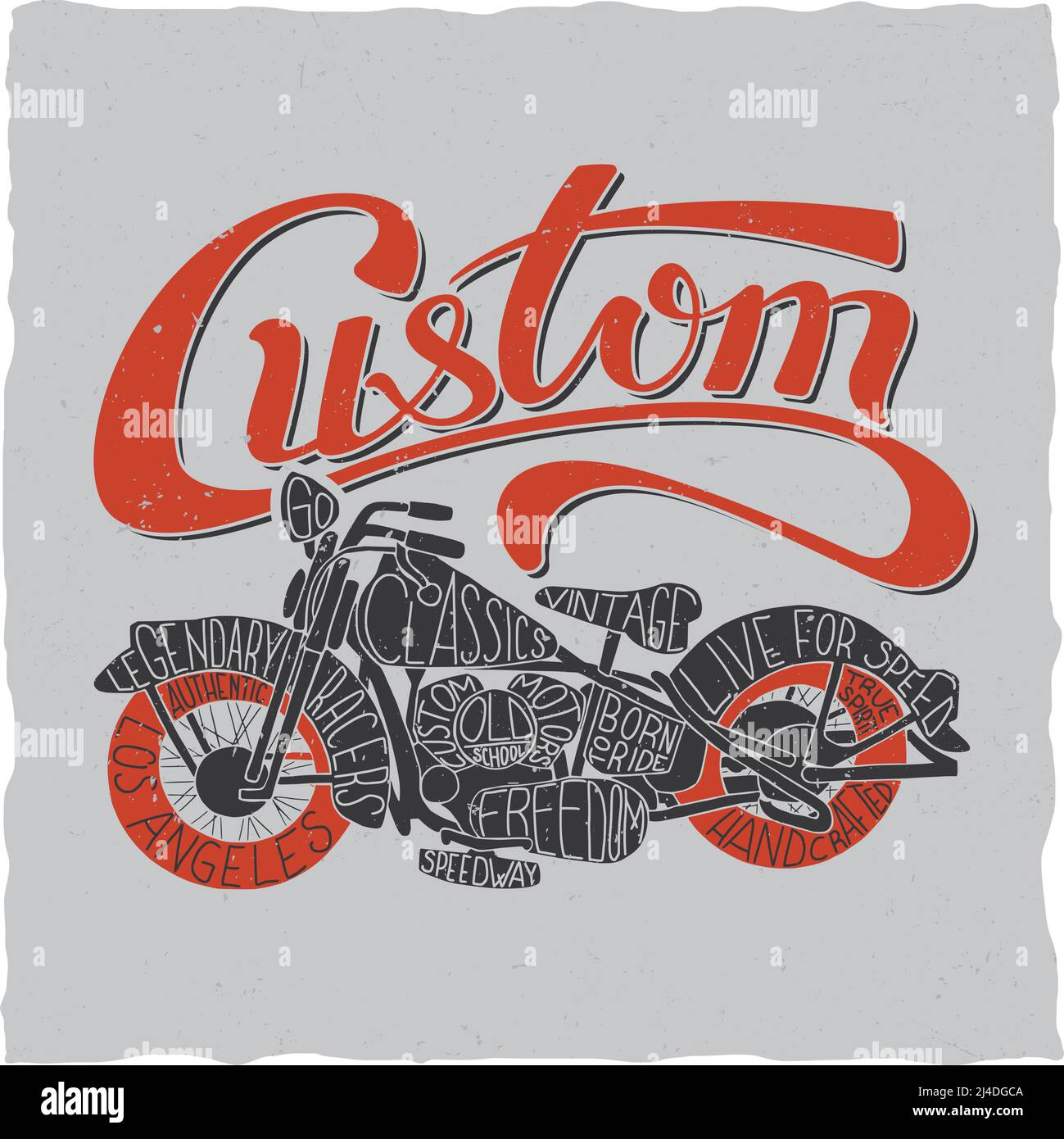 Custom Motorcycles Poster With Bike And Red Hand Drawn Word For T Shirt