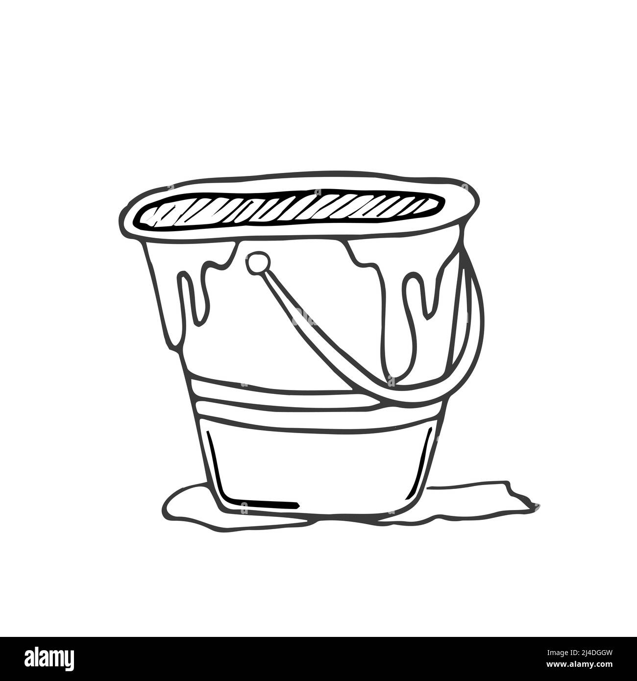 Paint can and brush. Paint bucket with color paint and brush hand drawn