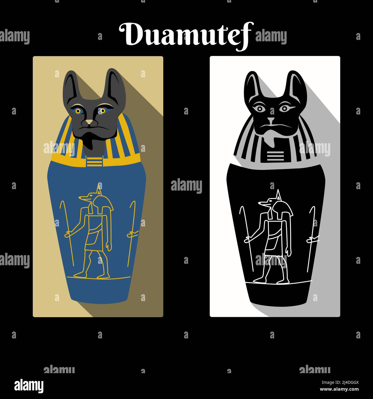 Ancient Egypt canopic jar with god Horus son Duamutef head cap and name script. Gods Jackal jar color and black white card. Canopic jars guardian vect Stock Vector