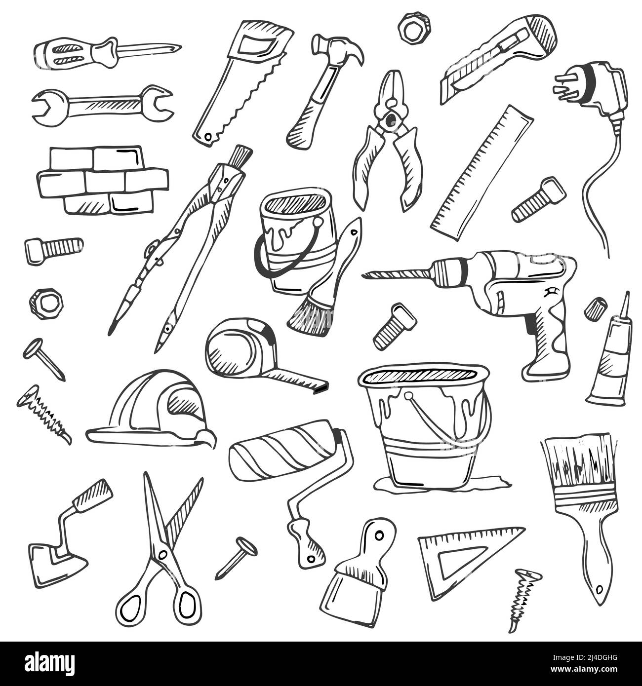Big doodle set of home repair tools in doodle style. hand and electrical tools, wall painting and woodwork tools, different screwdrivers, drills, hamm Stock Vector