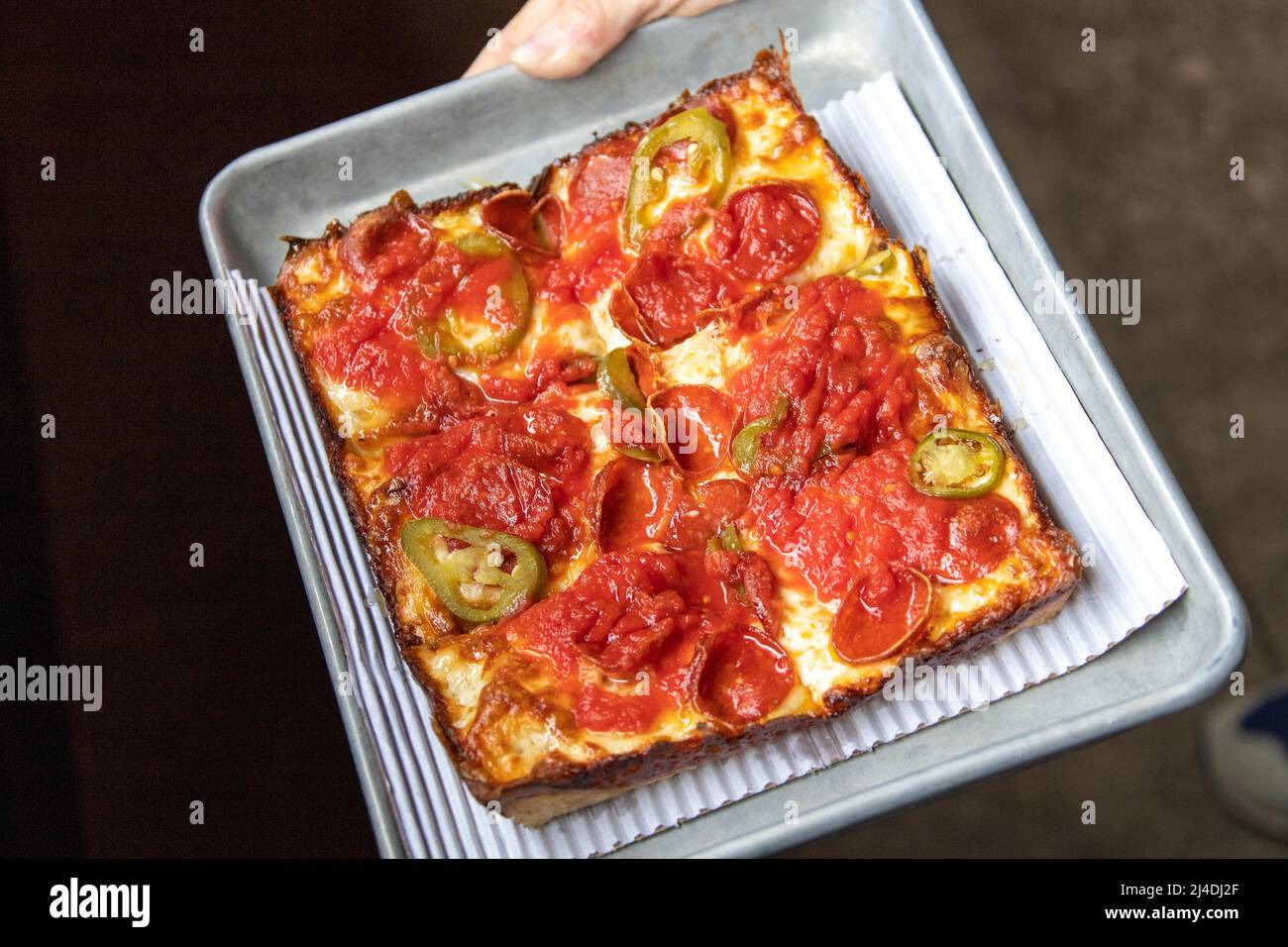 Detroit style pizza at Michigan & Trumbull, Detroit, MI, USA Stock Photo