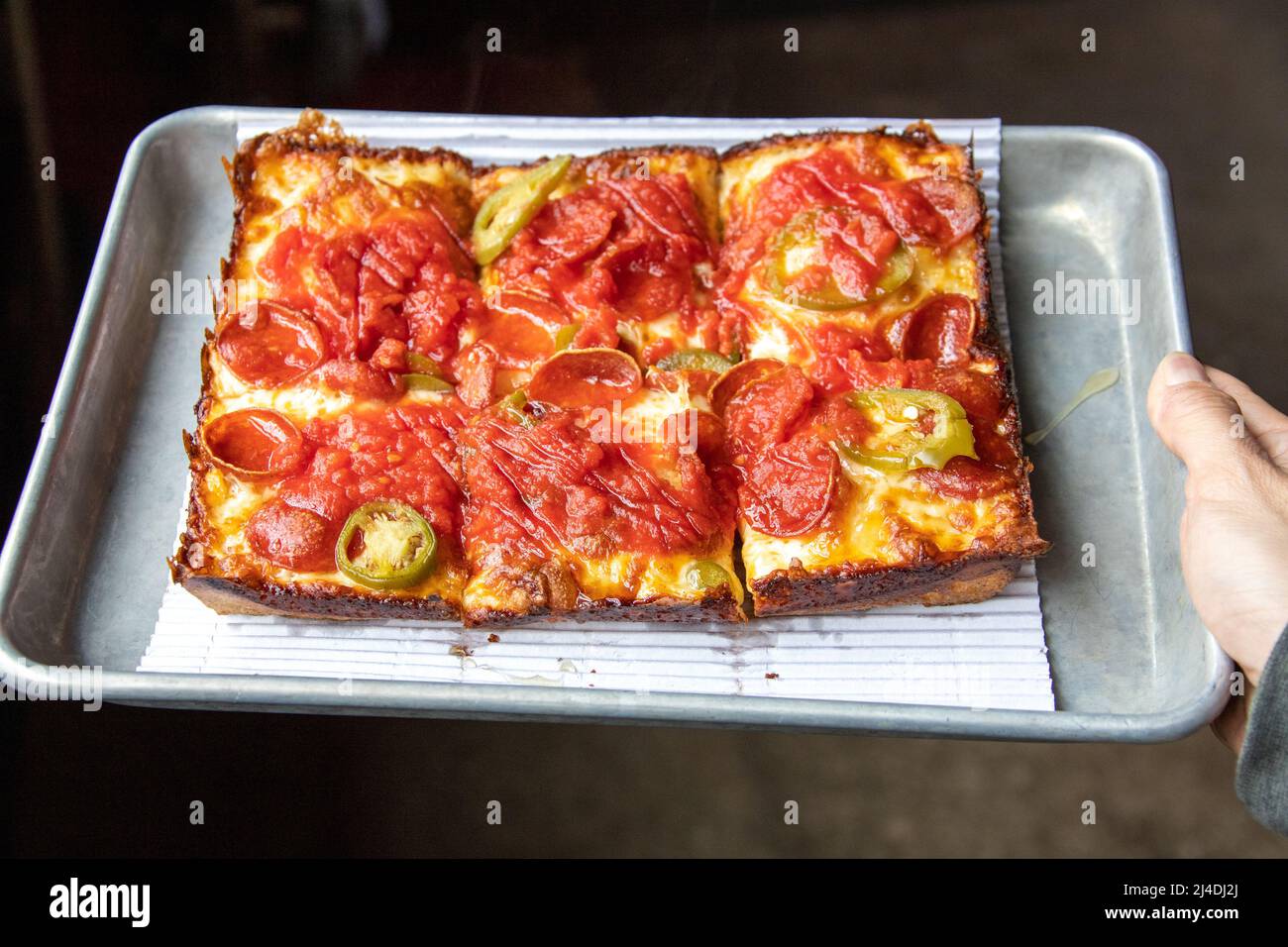 Detroit style pizza at Michigan & Trumbull, Detroit, MI, USA Stock Photo