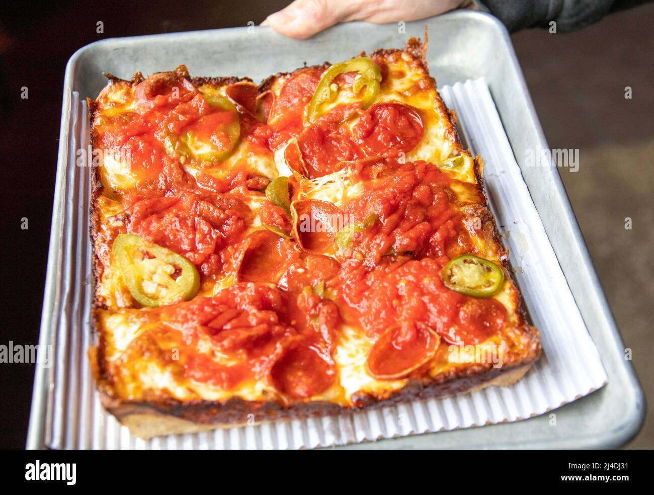 Detroit style pizza at Michigan & Trumbull, Detroit, MI, USA Stock Photo