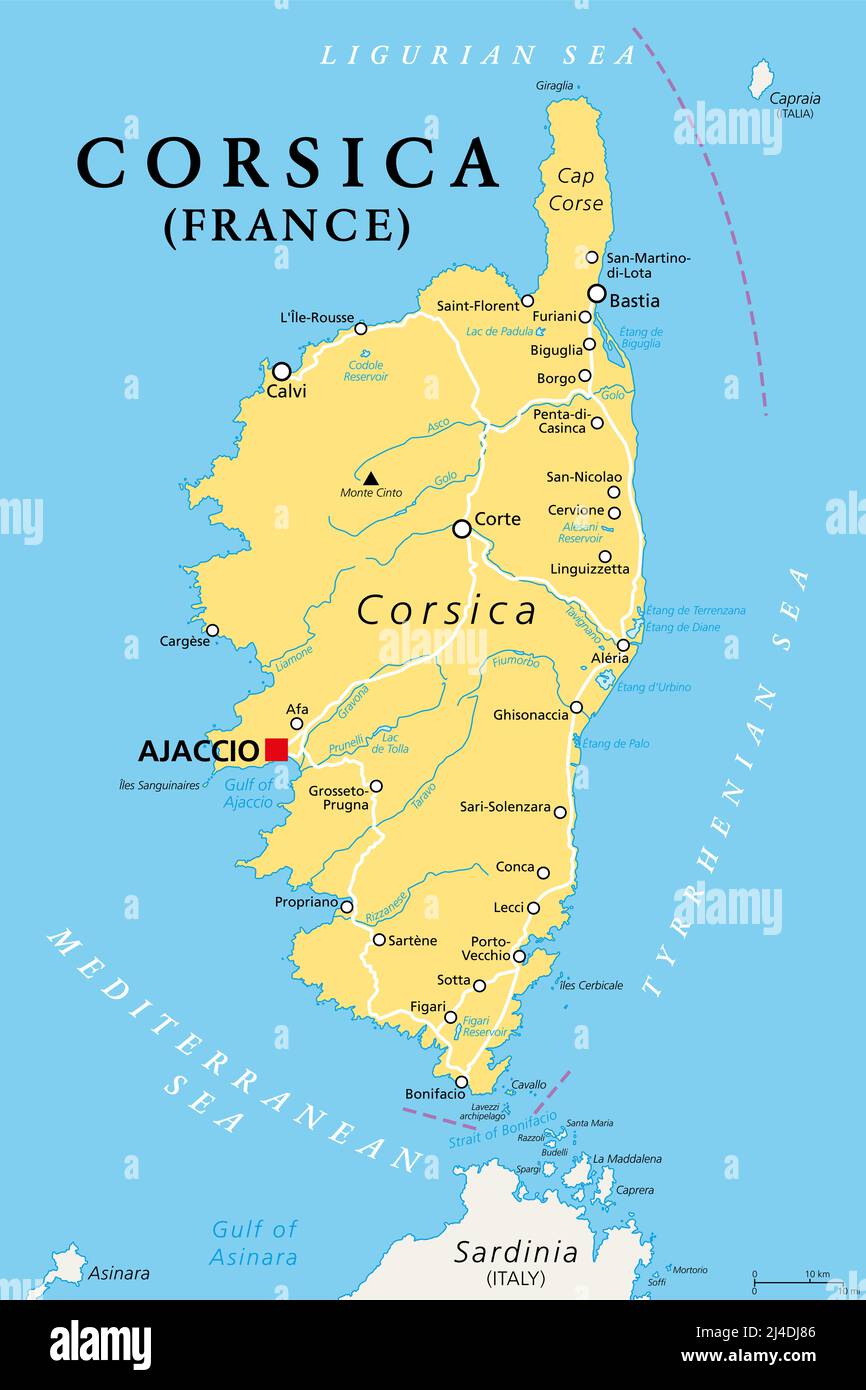 Corsica, political map, French island with capital Ajaccio. Island in the Mediterranean Sea, north of Italian island Sardinia. A region of France. Stock Photo