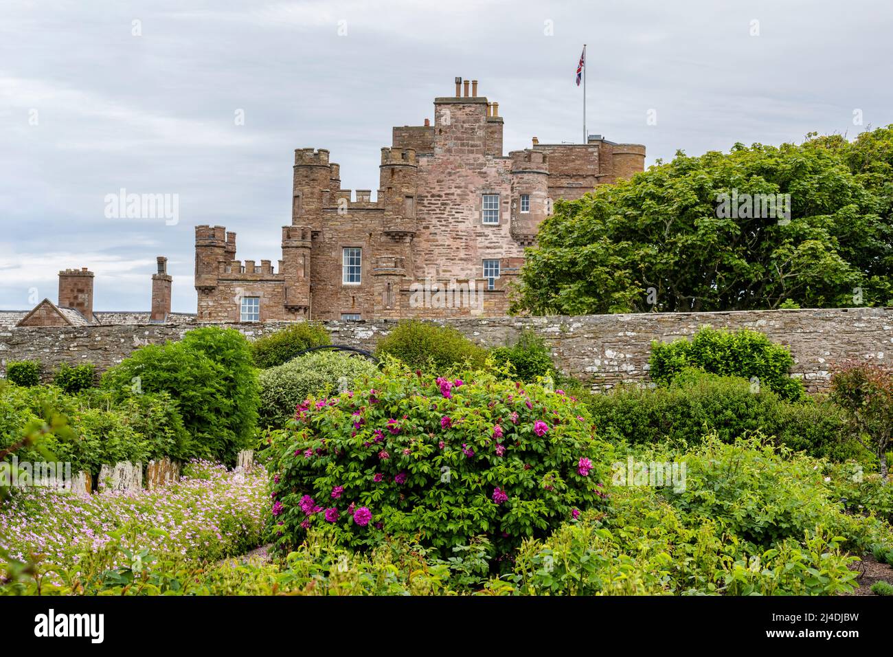 View of the Castle of Mey from the walled garden in Caithness on the north coast of Scotland, UK Stock Photo
