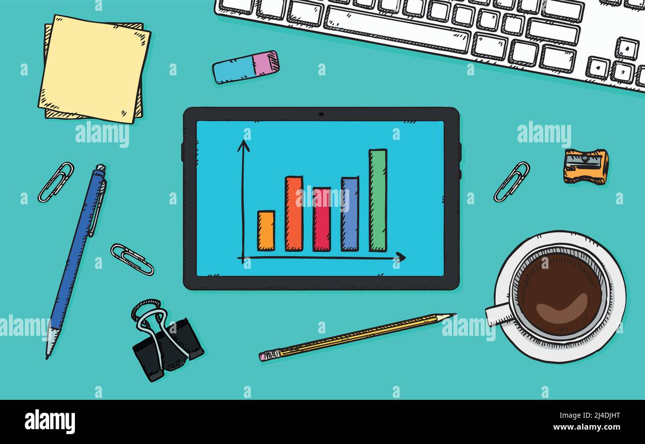 Doodle vector illustration of tablet with data chart on screen. Stock Vector