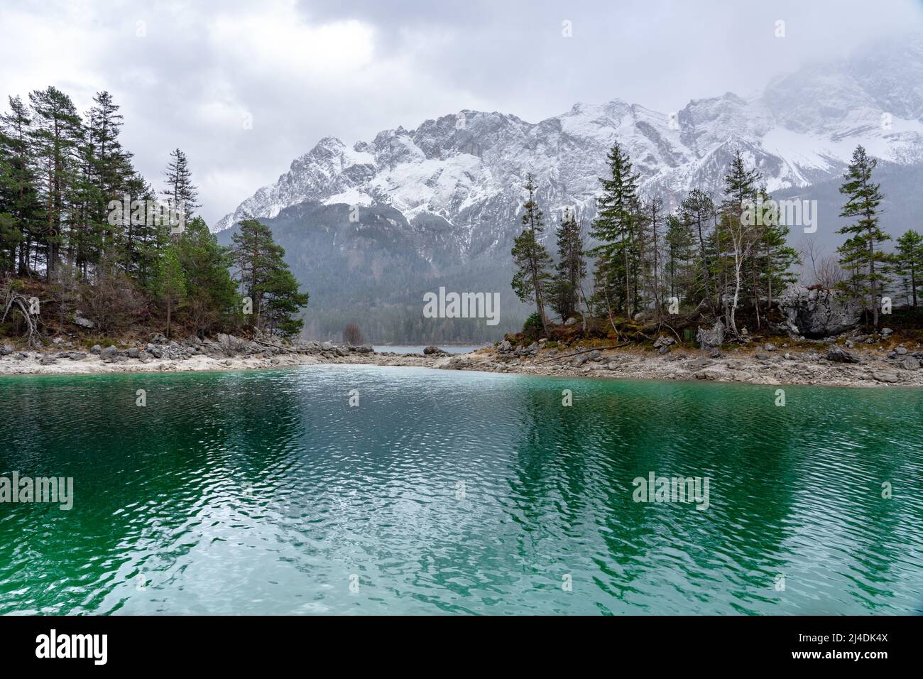 beautiful Eibsee mountain lake in Grainau Germany with Zugspitze mountains in the background . Stock Photo