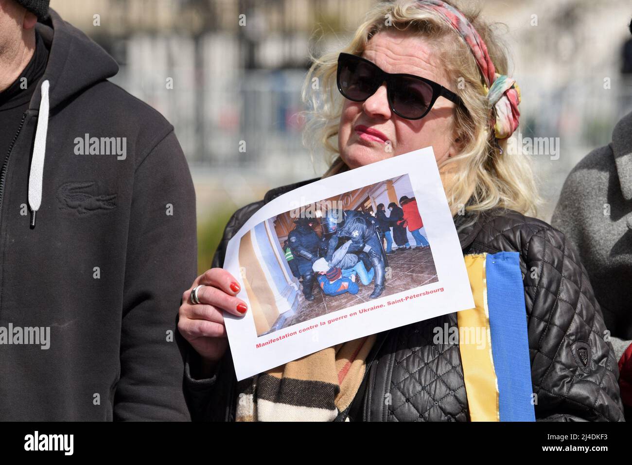 Russian demonstrators and other nationalities call for an end to the war in Ukraine in front of the Russian consulate on April 9, 2022, in Strasbourg, north-eastern France. Photo by Nicolas Roses/ABACAPRESS.COM Stock Photo