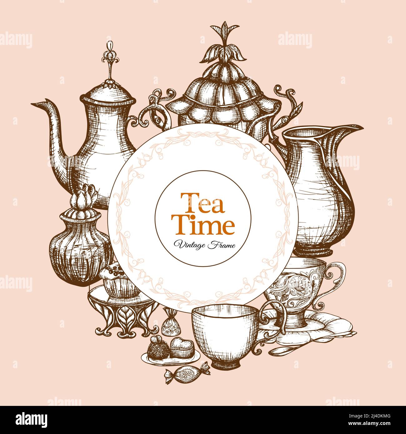 Vintage tea frame with traditional sketch kitchen utencil vector illustration Stock Vector