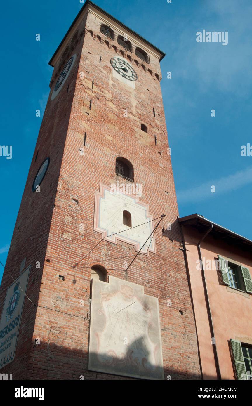 Italy, Piedmont, Cherasco, Clock Tower and Sundial Stock Photo Alamy