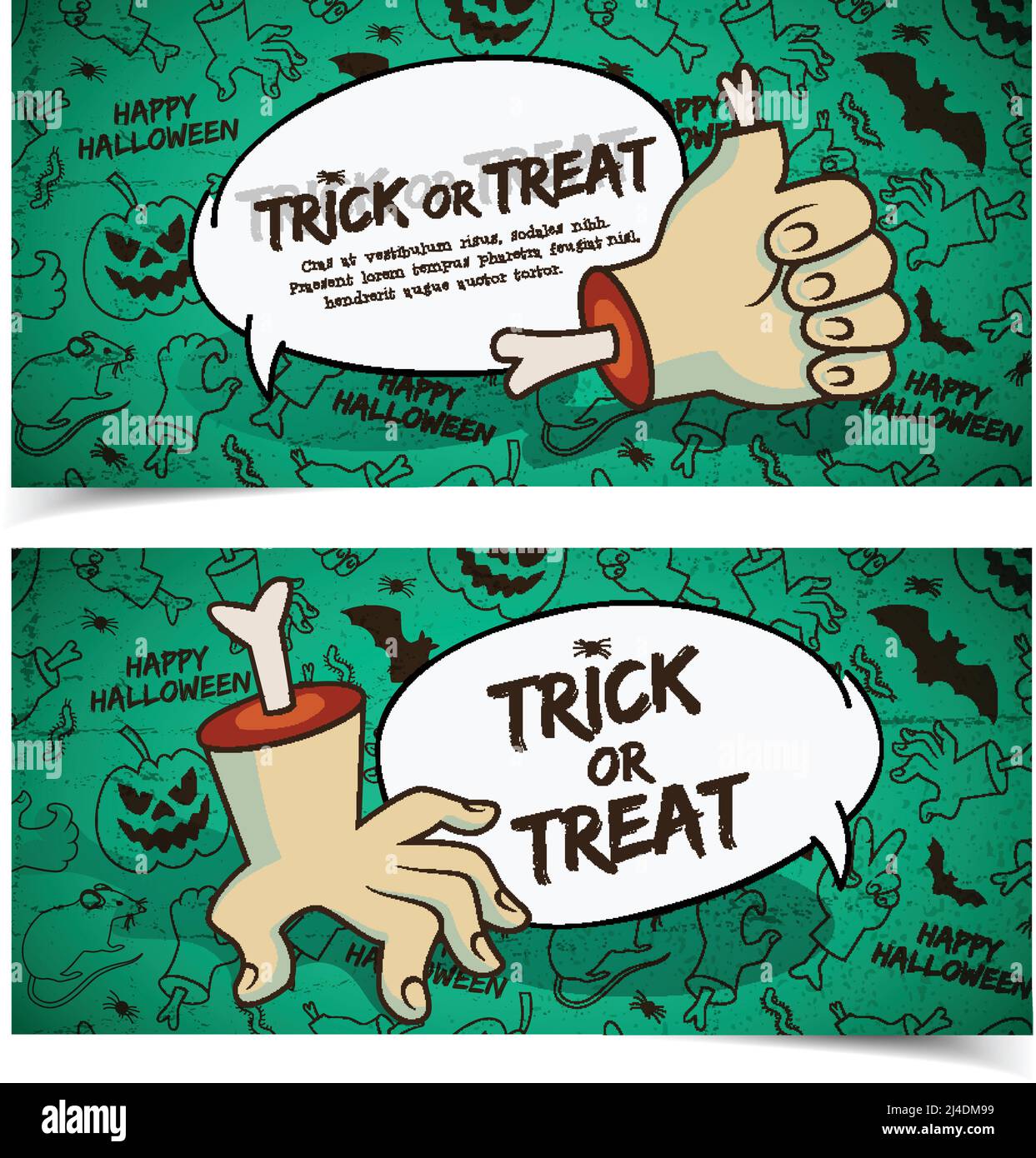 Creepy Halloween horizontal banners with speech cloud zombie arm gestures and icons green background vector illustration Stock Vector