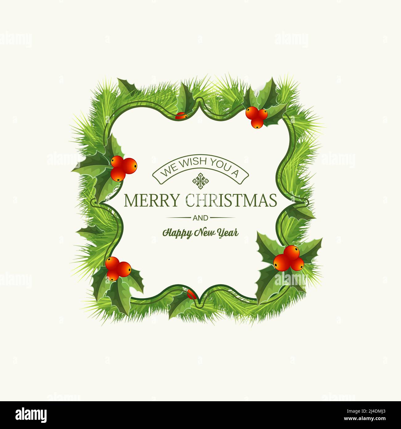 Christmas greeting template with text in frame and wreath of fir ...