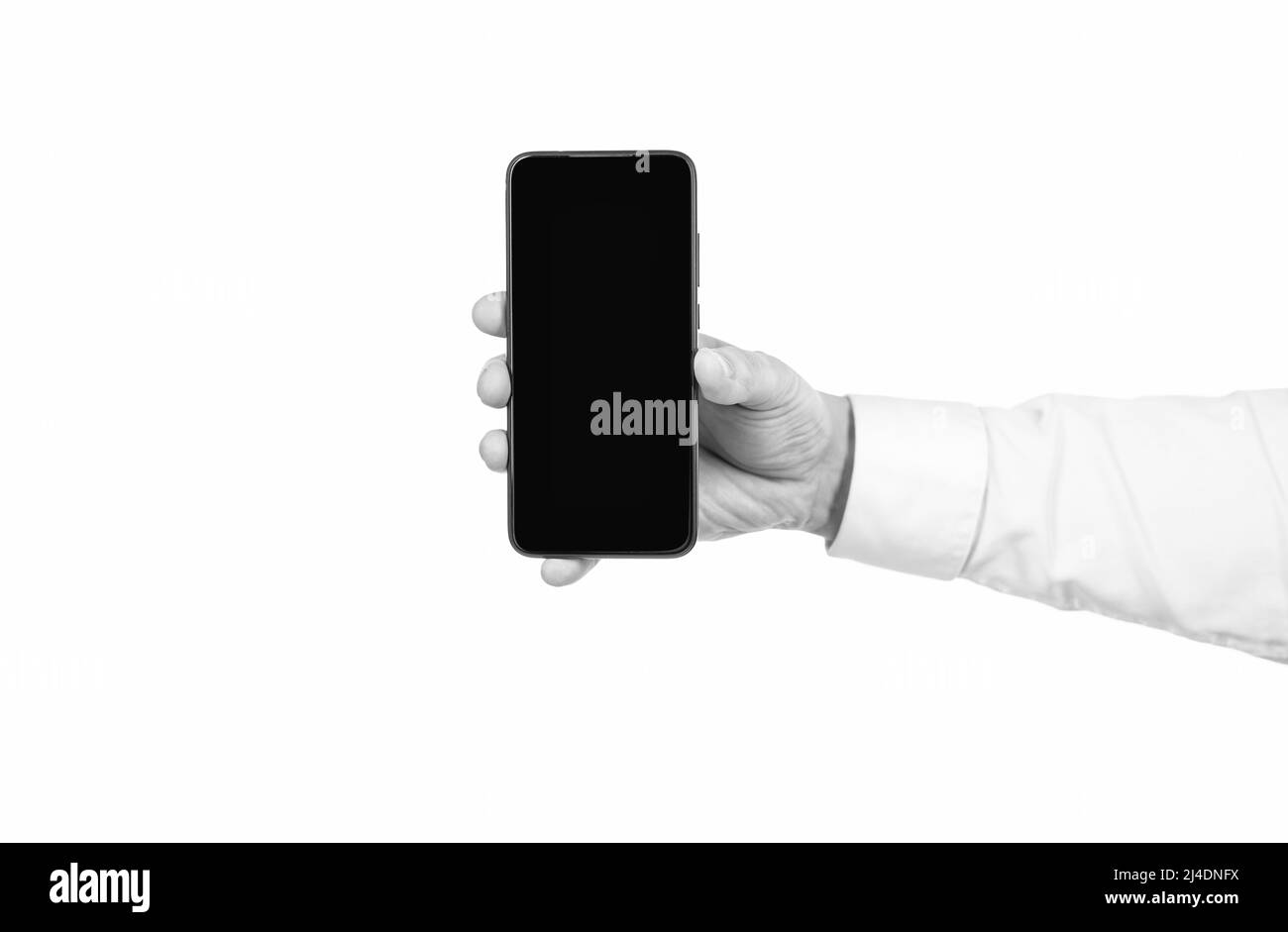 product proposal. advertisement presentation. copy space. hand of man presenting phone screen. smartphone scree isolated on white. new app Stock Photo