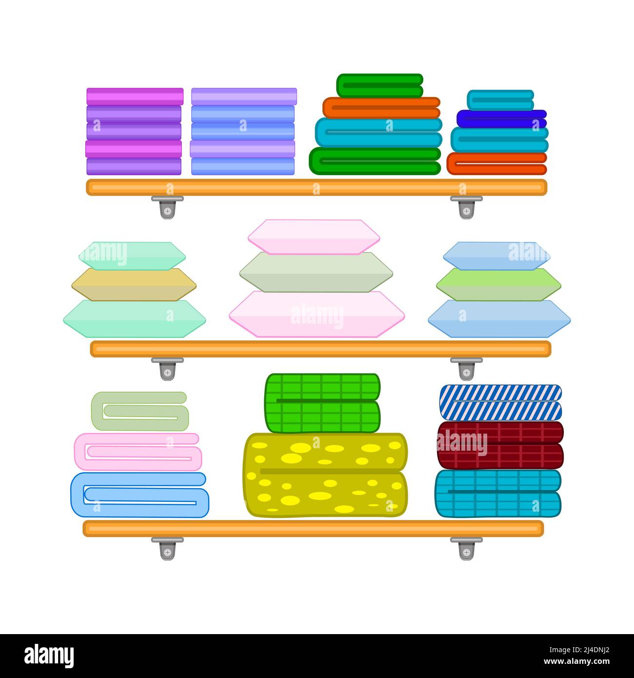 Bedding on shelf isolated.Shelves with blankets,duvets,sheets, pillows