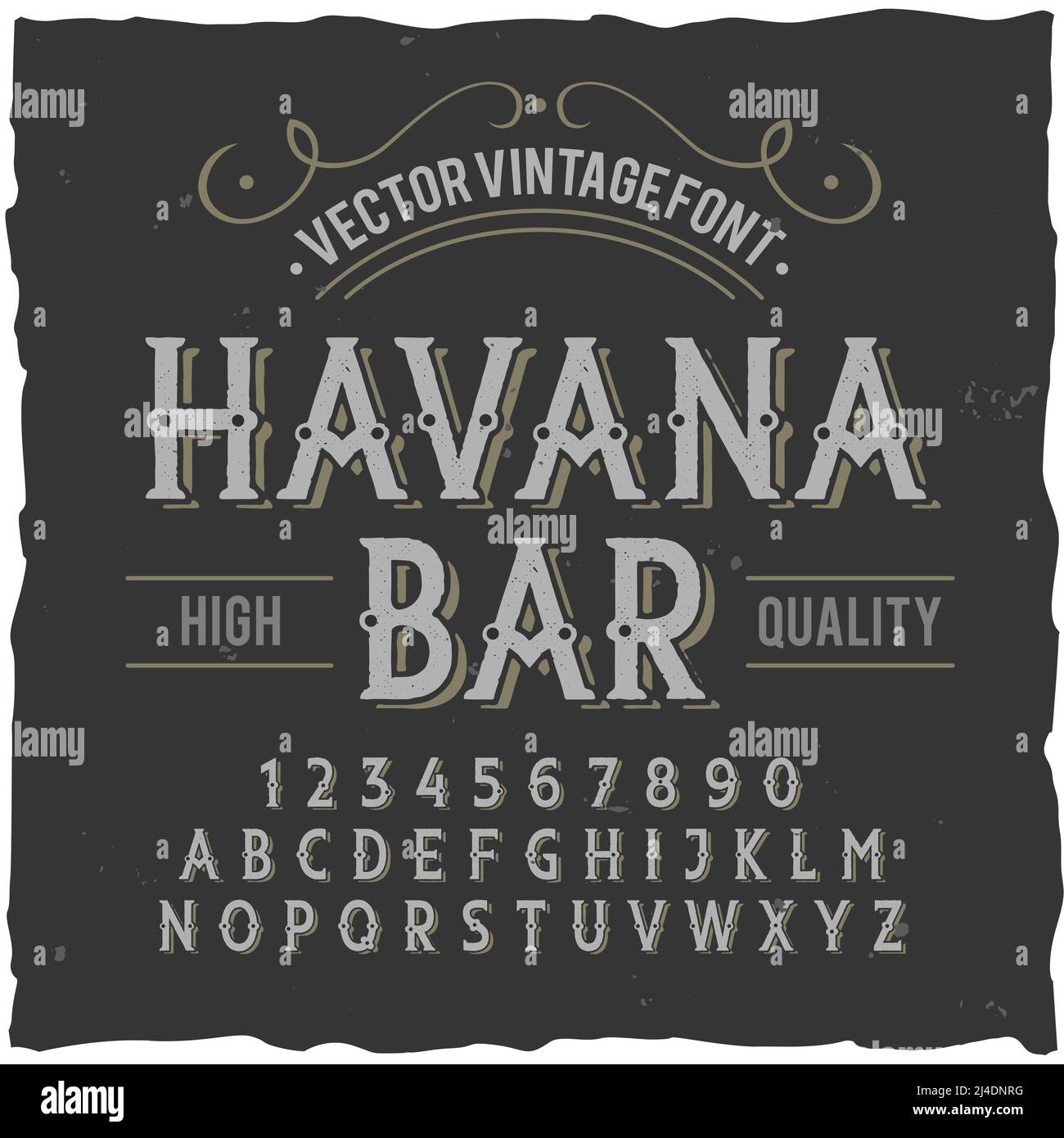 Vintage label typeface named 'Havana Bar'. Good handcrafted font for any label design. Stock Vector