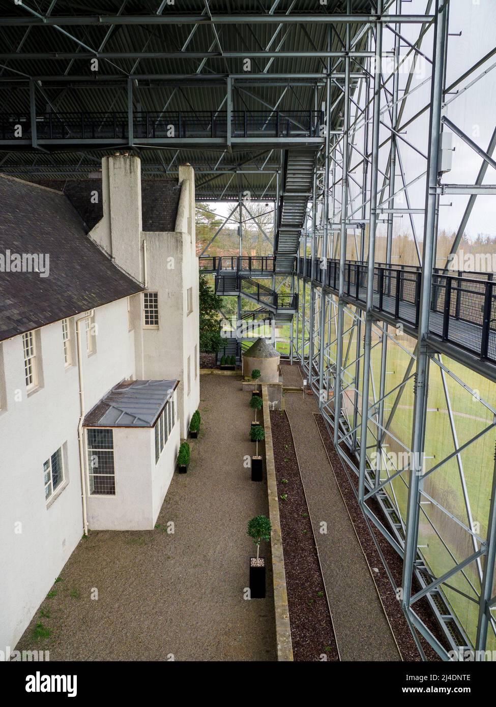 Hill House in Helensburgh, Scotland, seen from within its protective box.  House designed in 1902 by Charles Rennie Mackintosh and Margaret Macdonald. Stock Photo