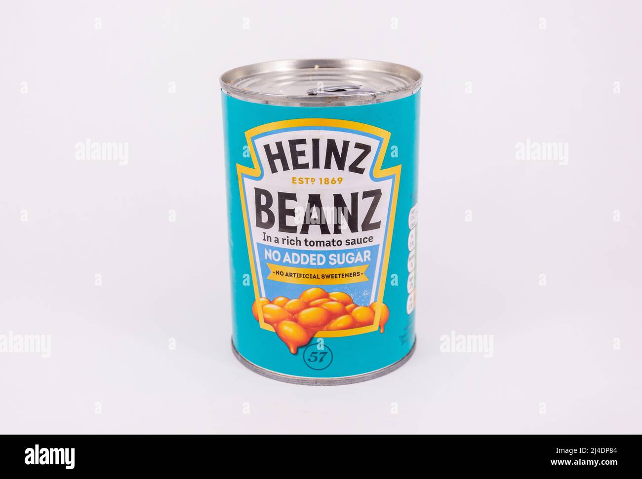 Close-up of tin of Heinz Beanz (no added sugar), Surrey, England, United Kingdom Stock Photo