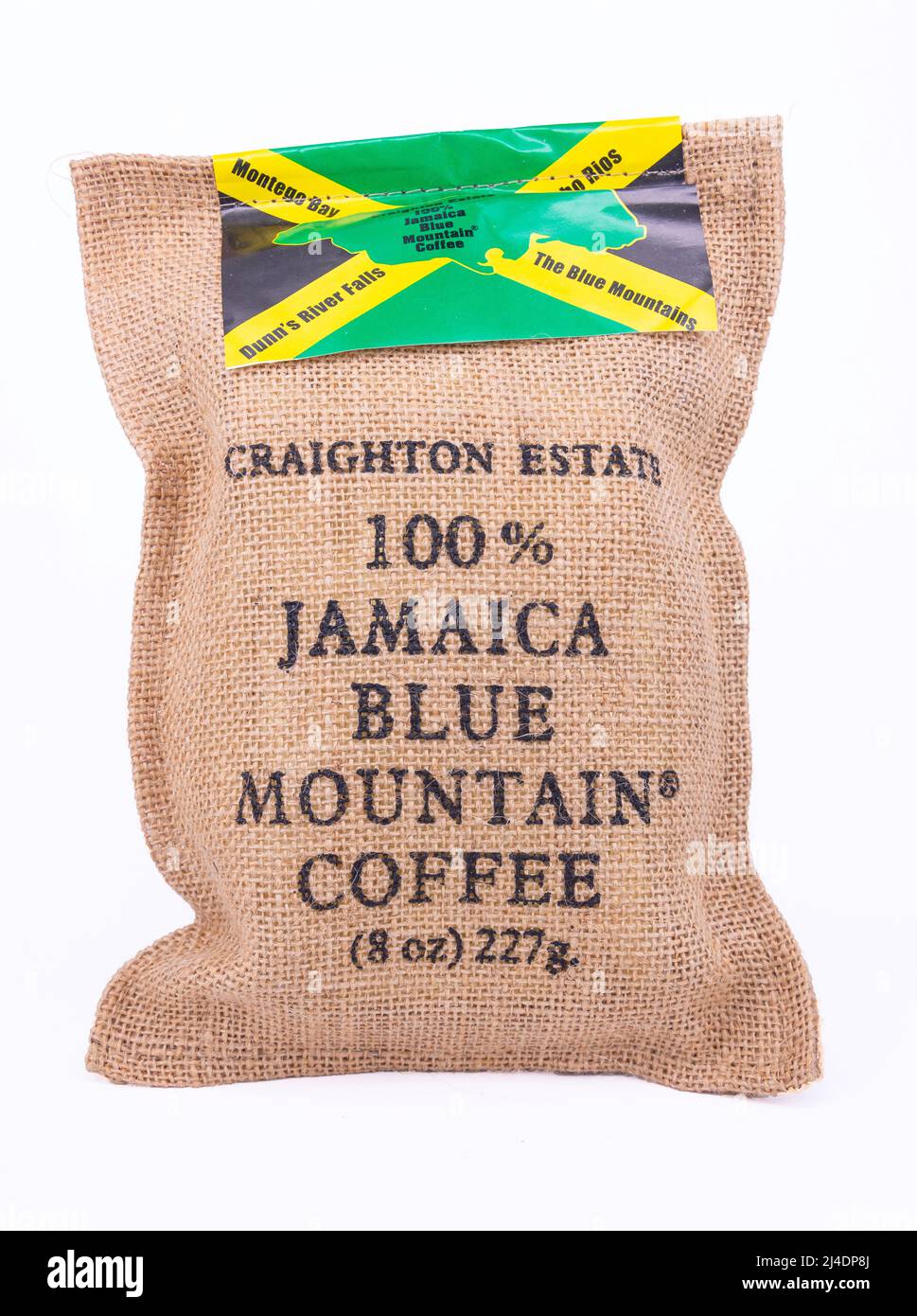 Souvenir bag Blue Mountain Coffee, Craighton Estate (Blue Mountain coffee tour), Irish Town, St Andrew Parish,  Jamaica, Greater Antilles, Caribbean Stock Photo
