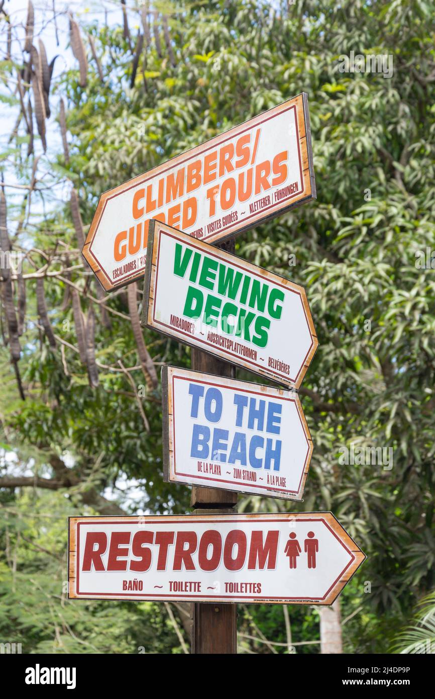 Facilities sign to Dunns River Falls & Park, Ocho Rios, St Ann Parish, Jamaica, Greater Antilles, Caribbean Stock Photo