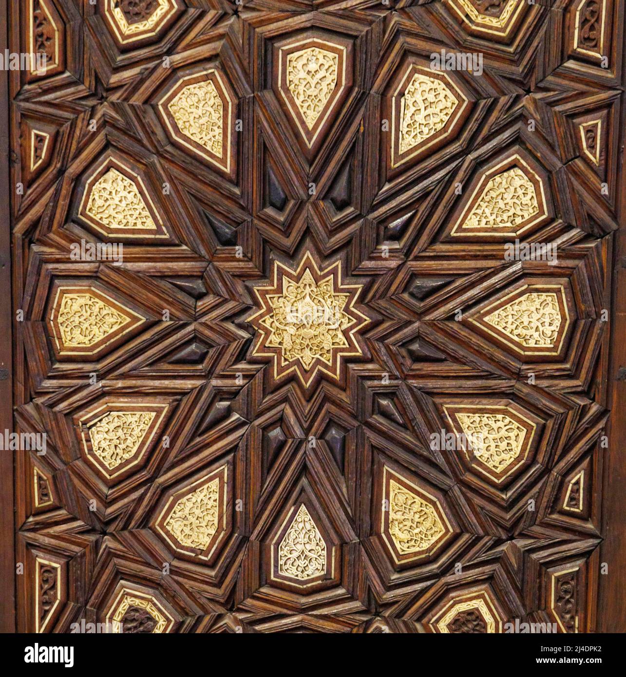 detail of inlaid wooden screen, the Elevated or Hanging Church of St. Mary, Cairo, Egypt Stock Photo