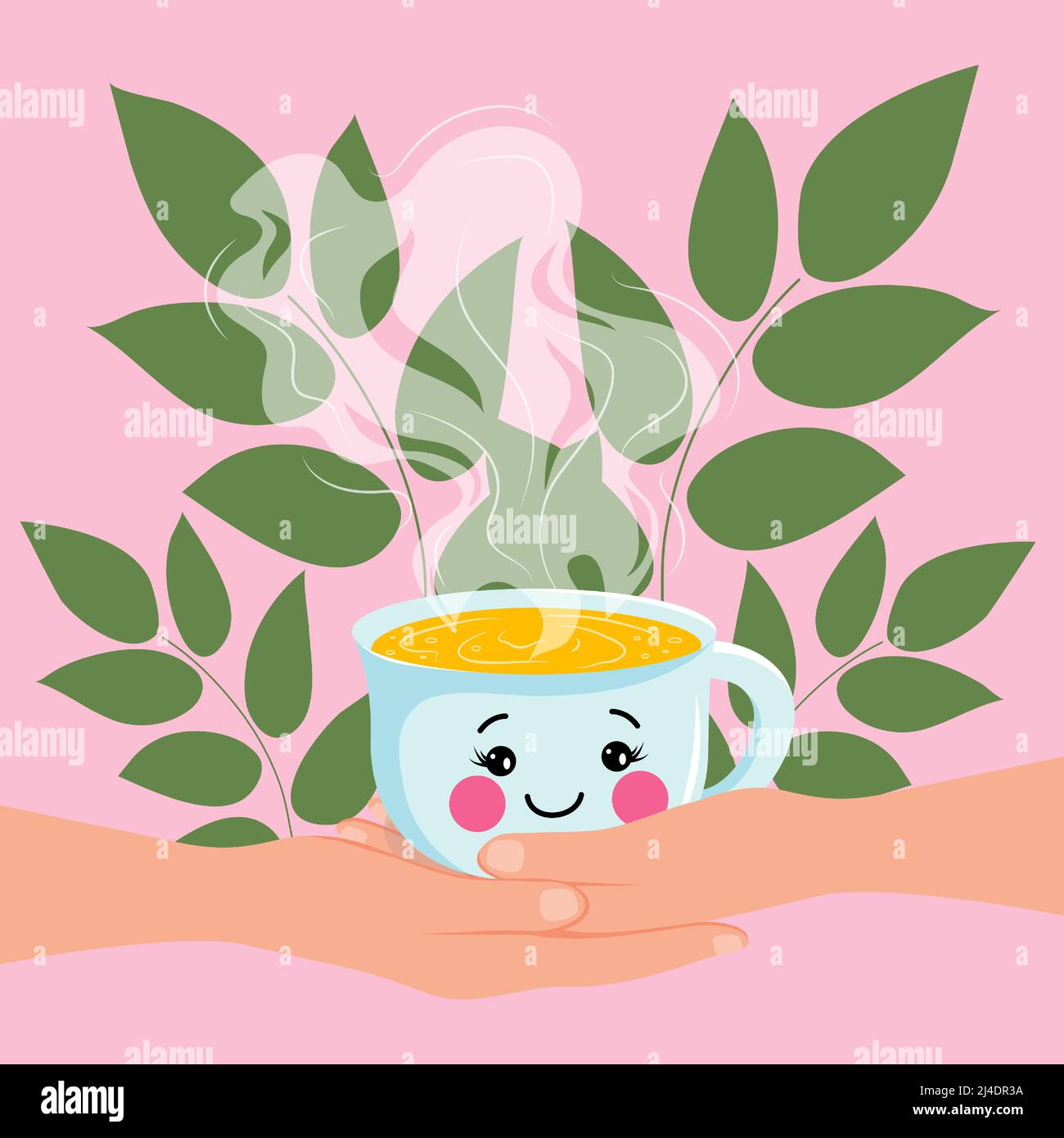 Cute cartoon Emoji cup with tea in female hands on a background of green plants. Human hands hold a cup of hot tea. Freshly brewed herbal drink Stock Vector