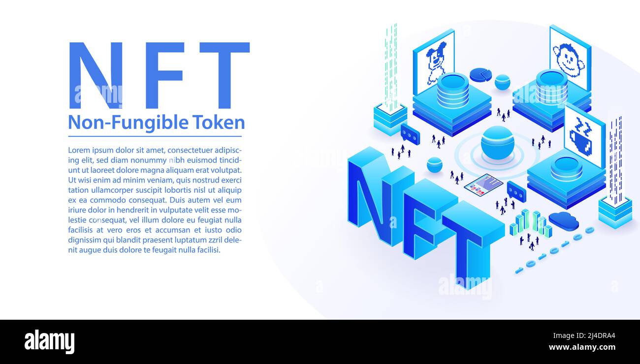 NFT Non-Fungible-Token concept as wide banner isometric illustration. Stock Vector