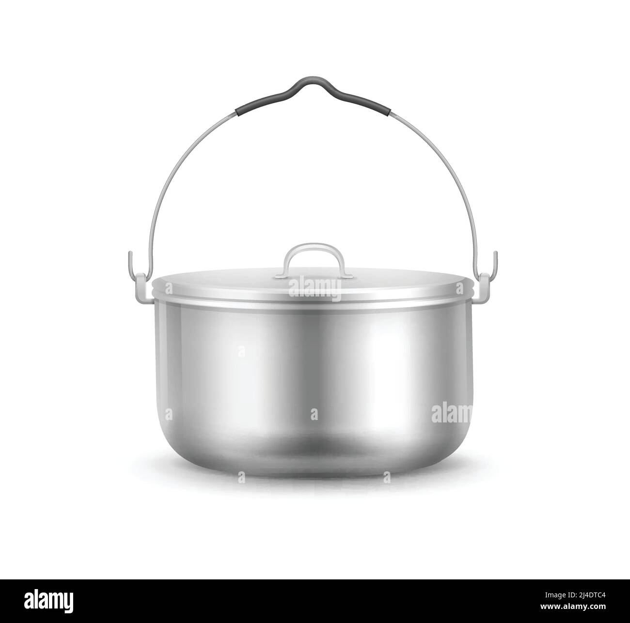 Vector new shiny steel camping pot with lid and handle side view