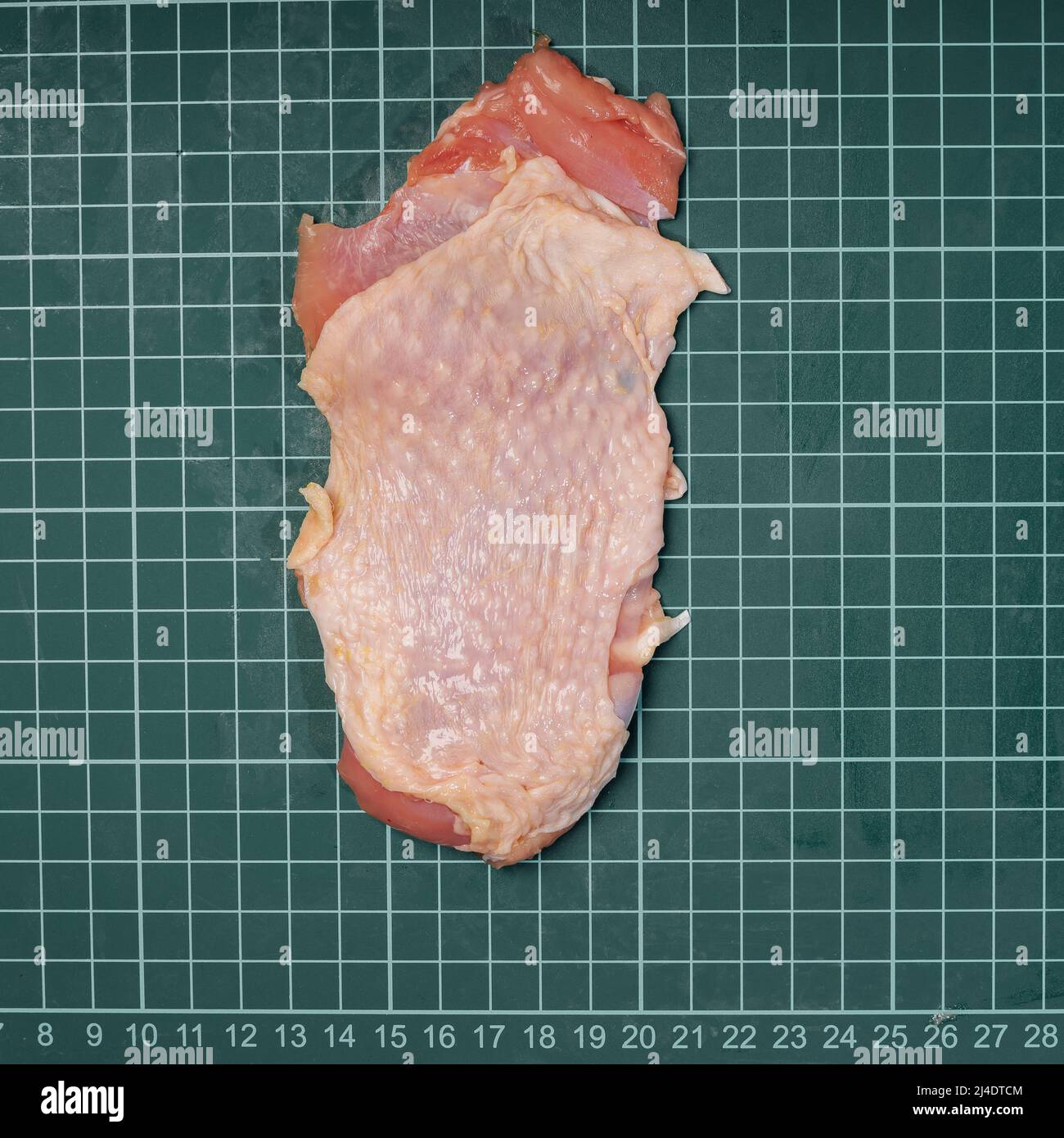 Chicken thigh meat on a linear board.Raw chicken thigh with skin, boneless, for cooking on