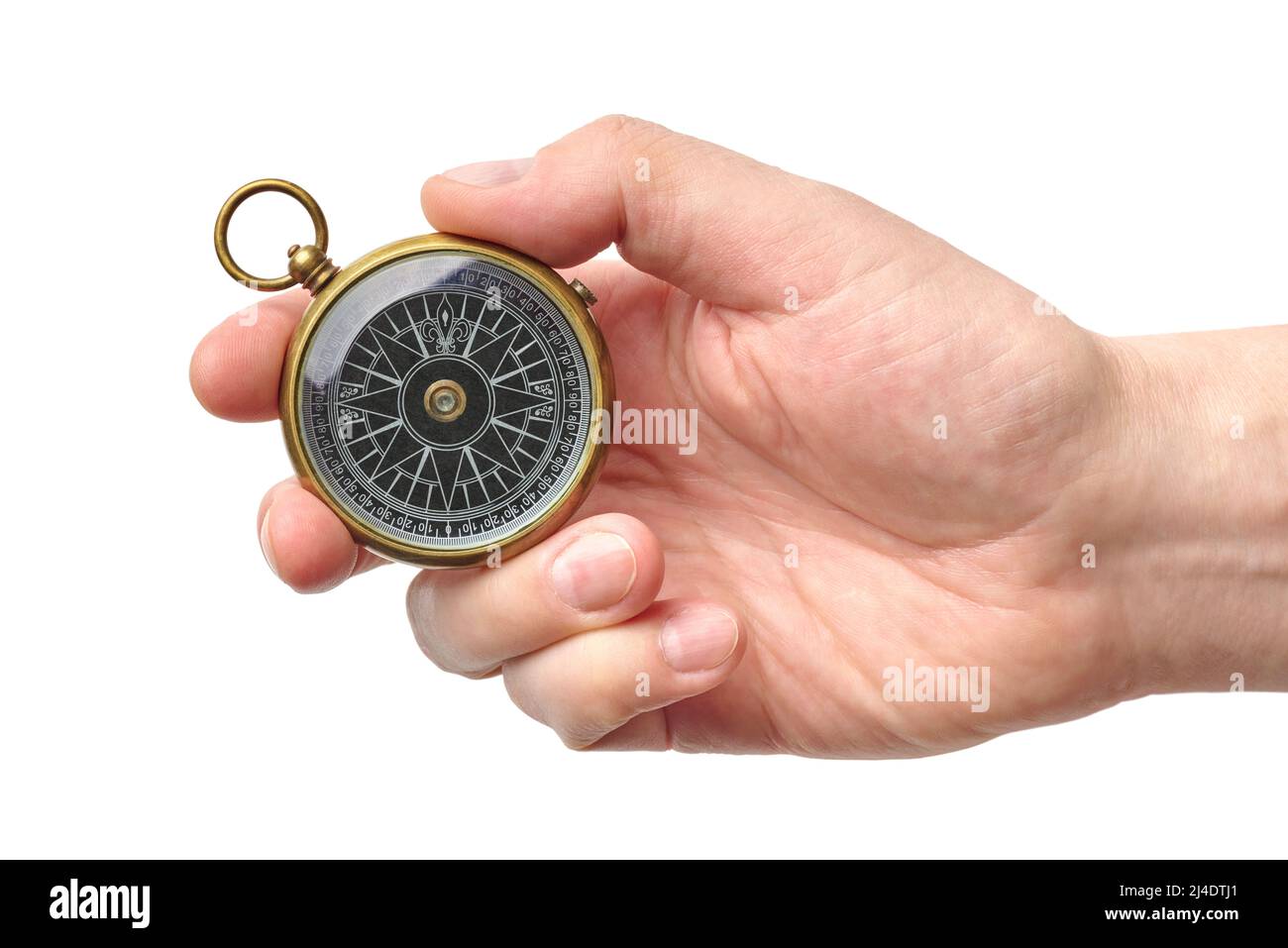 Hand holding traditional magnetic compass, vintage retro style, isolated on white background Stock Photo