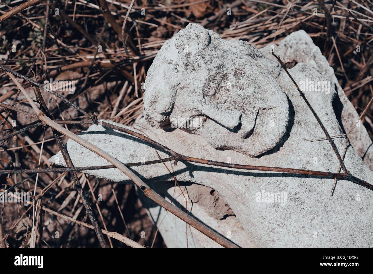 A piece of toppled stone crucifix sculpture on the ground at abandoned ancient cemetery. Broken tombstone at the old churchyard. Cemetery vandalism Stock Photo