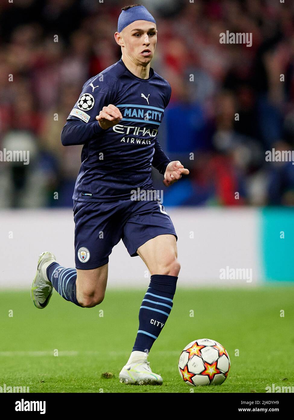 Phil Foden of Manchester City   during the UEFA Champions League match, Quarter Final, Second Leg, between Atletico de Madrid and Manchester City played at Wanda Metropolitano Stadium on April 13, 2022 in Madrid, Spain. (Photo by Ruben Albarran / PRESSINPHOTO) Stock Photo
