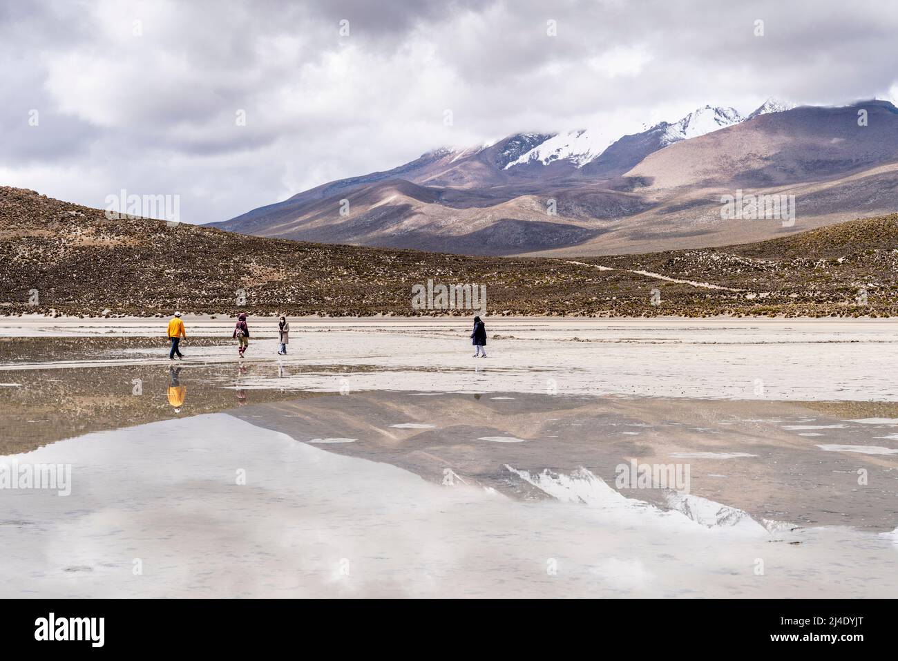 Visitors To The Salar de Moche (Lake Salinas) Salt Lake near The City of Arequipa, Arequipa Region, Peru. Stock Photo