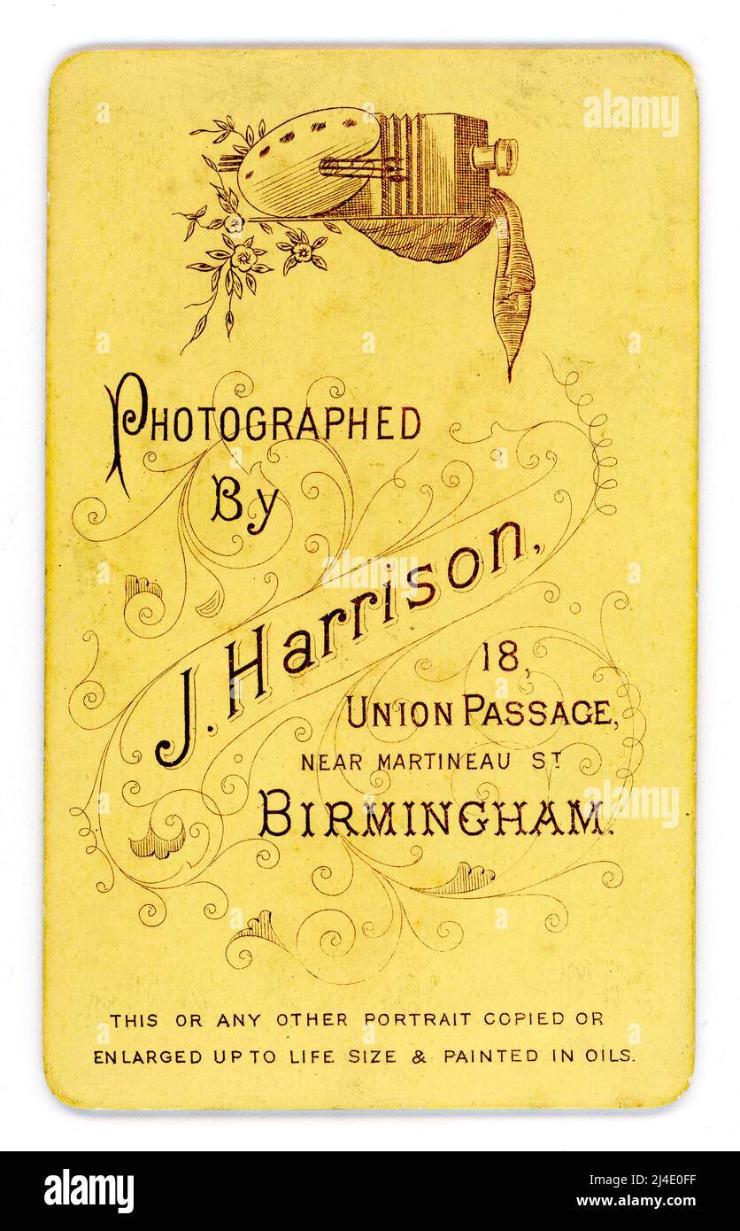 Reverse of original Victorian CDV with large plate camera Studio of J. Harrison, 18 Union Passage, Birmingham, U.K. Circa 1880 Stock Photo