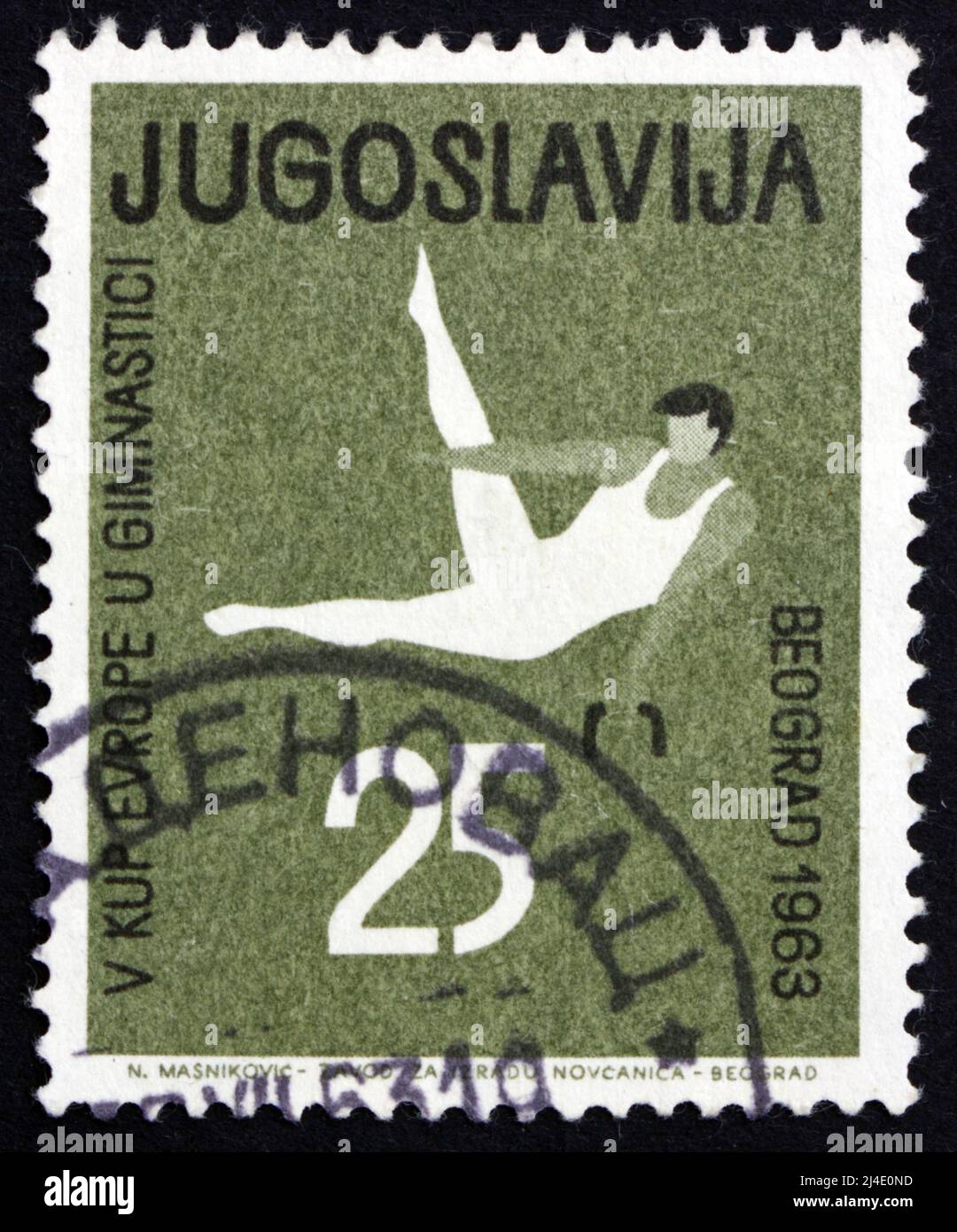 YUGOSLAVIA - CIRCA 1963: a stamp printed in the Yugoslavia shows Gymnastic Position, Pommel Horse, 5th Gymnastics Europa Prize, Belgrade, circa 1963 Stock Photo